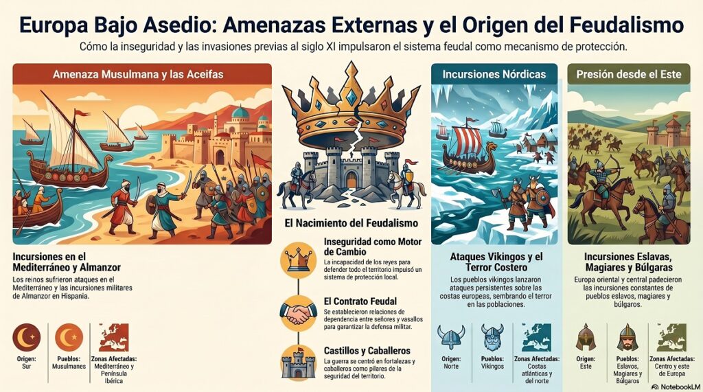 Hasta el siglo XI, la cristiandad occidental se encontraba en una posición defensiva debido a una serie de incursiones y ataques constantes que provenían de diversos frentes, lo que generaba un clima de gran inseguridad e incertidumbre.
