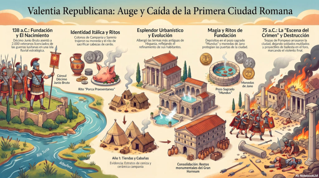 Fundacion de valencia, la ciudad romana de Valentia. infografia horizontal con resumen desl desarrollo historico desde fundacion hasta destruccion en guerras sertorianas