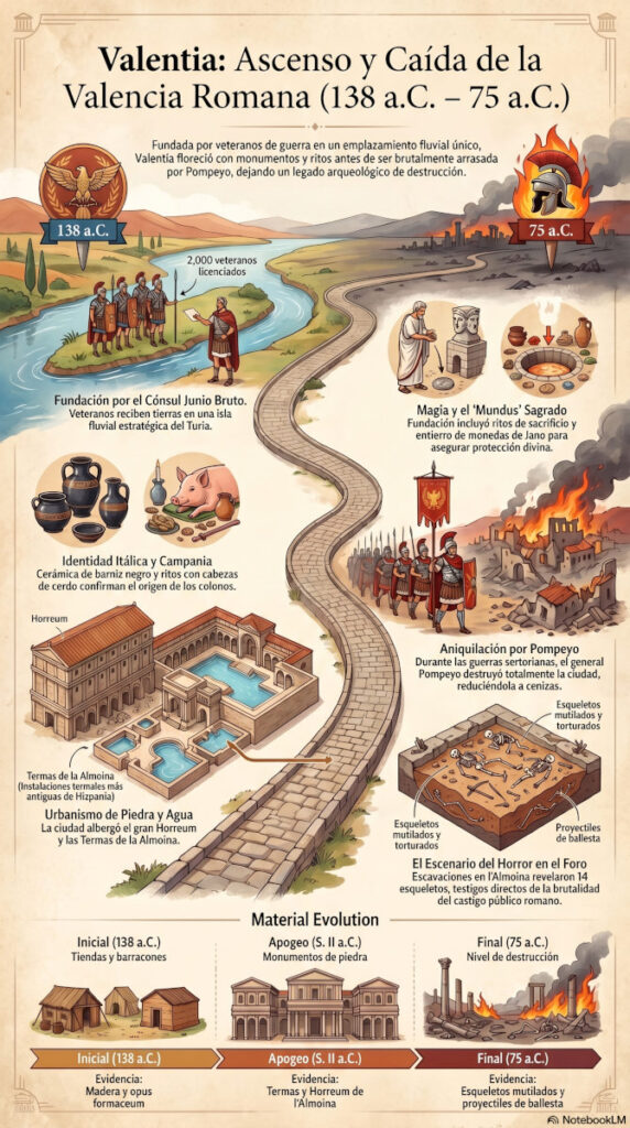 Fundacion de valencia, la ciudad romana de Valentia. infografia vertical con resumen desl desarrollo historico desde fundacion hasta destruccion en guerras sertorianas