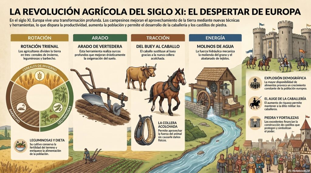 Europa experimentó un importante crecimiento económico y demográfico entre los siglos XI y XIII. La población aumentó y muchas regiones ampliaron sus tierras de cultivo. Este crecimiento fue posible gracias a varias innovaciones agrícolas que aumentaron la productividad de la tierra y la cantidad de tierra explotada.