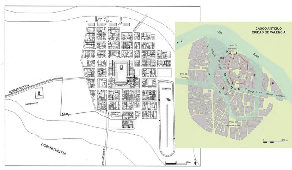 mapa de valentia romana:acueducto, foro y circo. mapa del recinto amurallado respecot a los brazos del rio turia