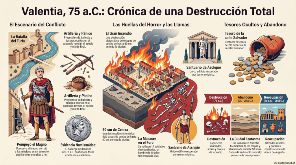 La destrucción de Valentia del 75 a.C. Infografia horizontal de la batalla, destrucción valenctia hasta reconstruccion