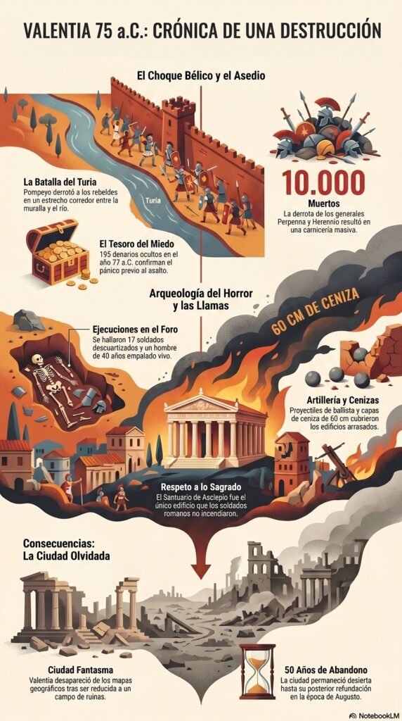 La destrucción de Valentia del 75 a.C. Infografia verticalde la batalla, destrucción valenctia hasta reconstruccion