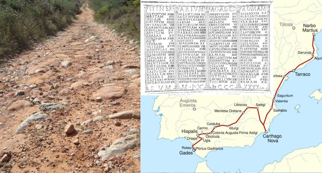 fotomontaje que muestra el itinierario de la vía augusta, el mapa de la via augusta e una imagen de la vía en estado actual