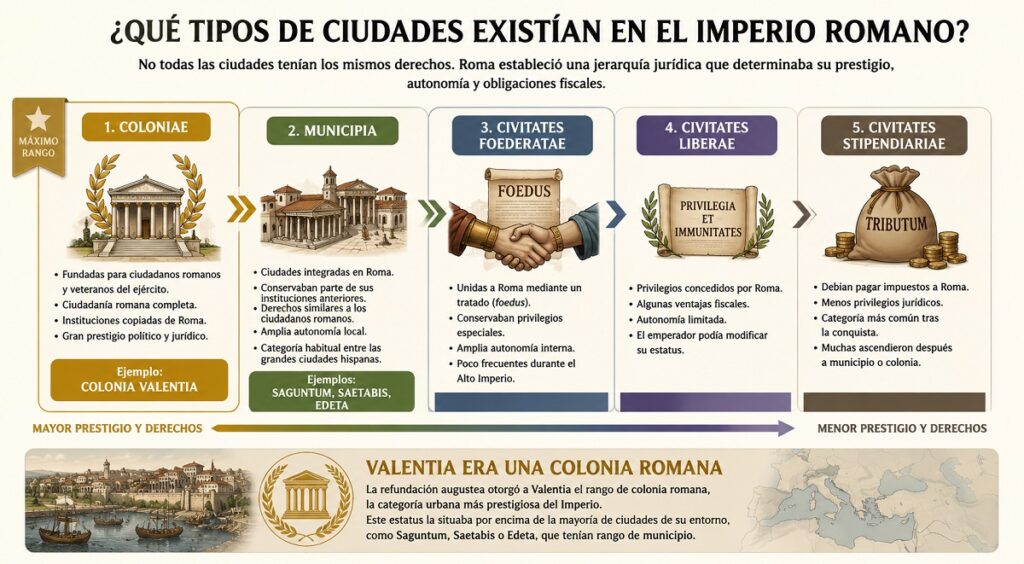 ¿Qué tipos de ciudades existían en época imperial? colinia, muunicipio, federati, libres, estipendiarias
