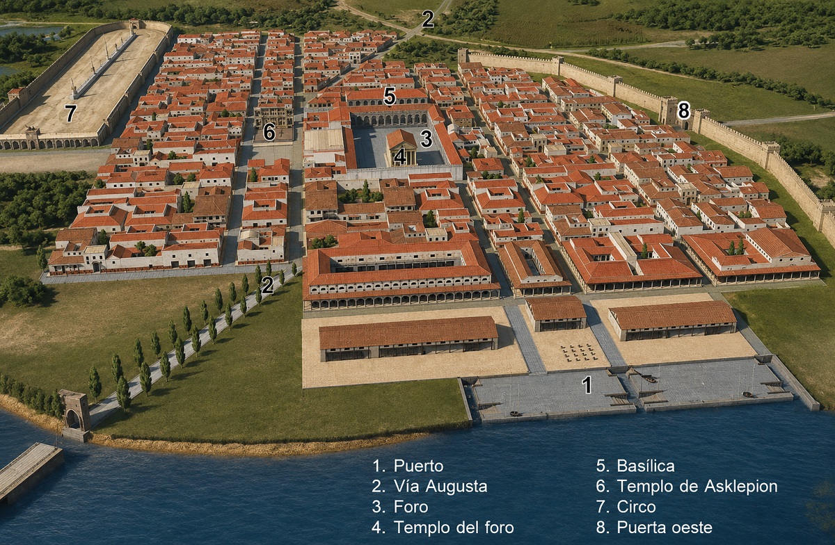 Vista reconstruida valentia romana: puerto, via augusta,foro, templo asklepion, crico y puerta oeste