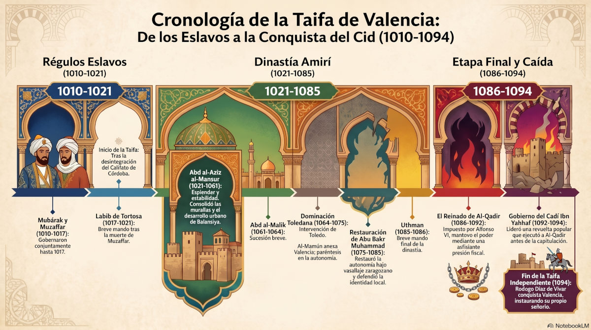 Sucesión de gobiernos de Balansiya entre 1010 y 1094. infografia horizontal