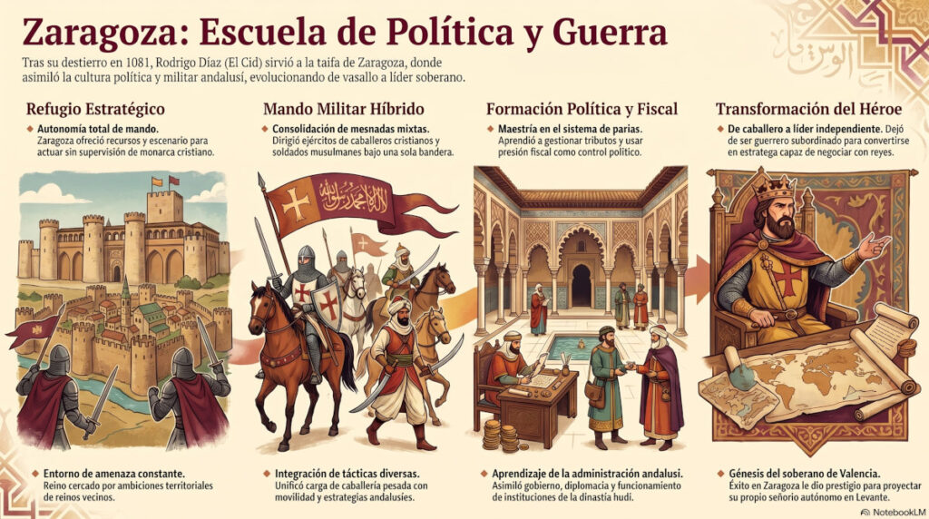 Rodrigo Díaz al servicio de la Taifa de Zaragoza. infografia horizontal