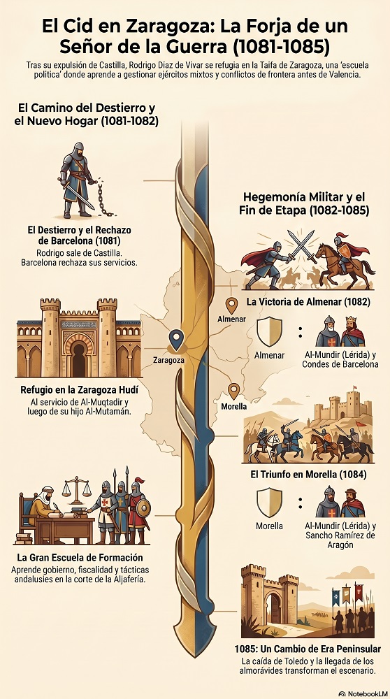 Rodrigo Díaz al servicio de la Taifa de Zaragoza. infografia vertical