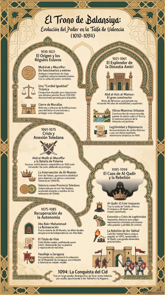 Sucesión de gobiernos de Balansiya entre 1010 y 1094.infografia vertical