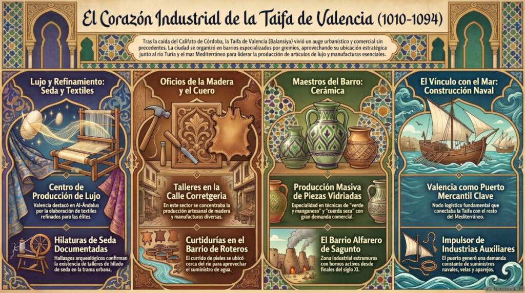 Sectores industriales destacados taifa valencia siglo xi. infografia horizontal