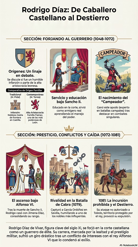 Rodrigo Díaz, de caballero castellano a mercenario desterrado. infografia vertical