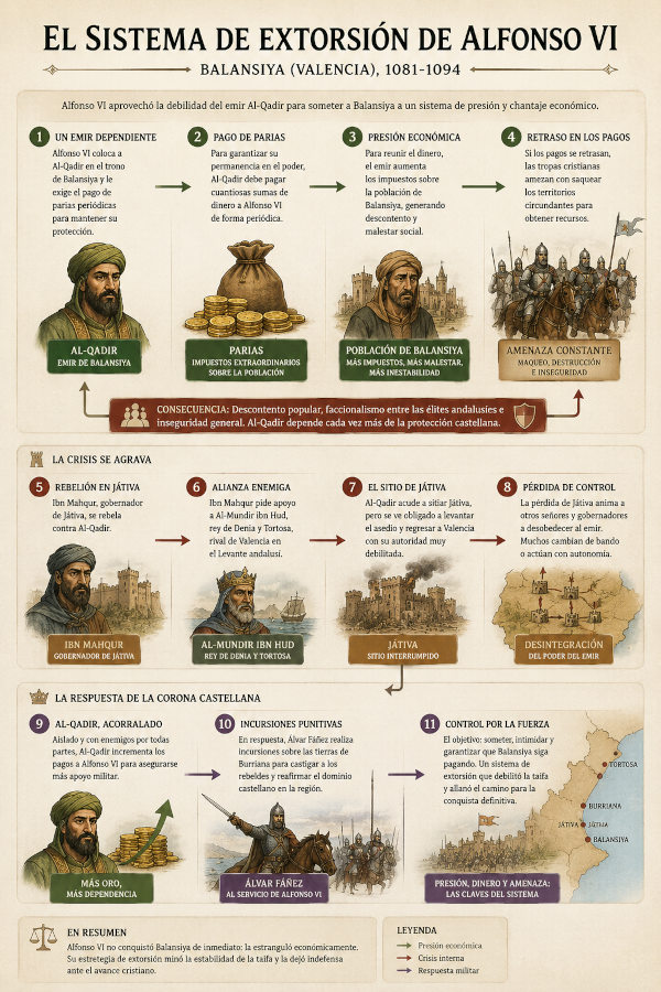 El sistema de extorsión de Alfonso VI. infografia del proceso de desgaste de las taifas por medio de parias y extorsion