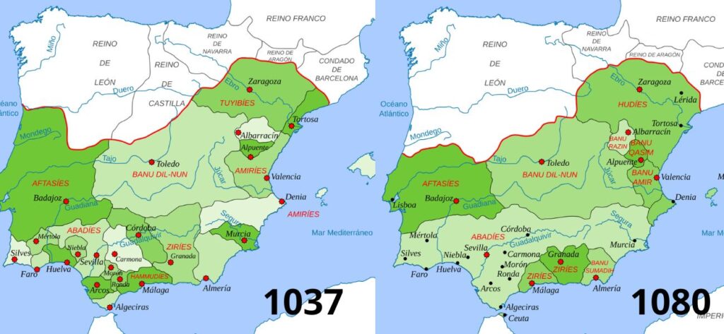 Geopolítica y fragmentación del poder en las taifas. mapas taifas en 1037 y en 1080
